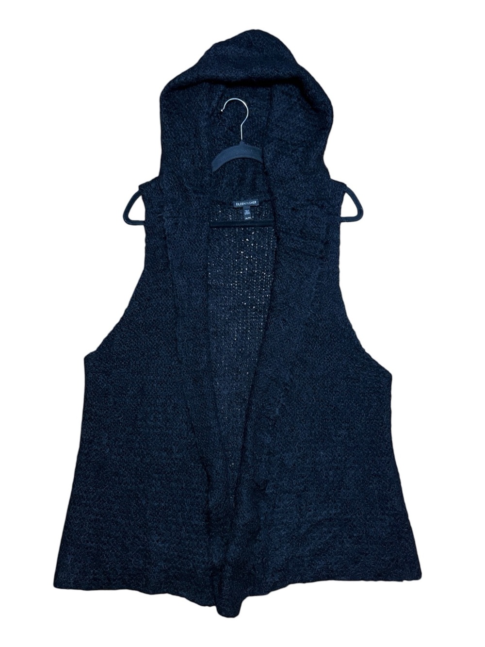 Eileen Fisher Suri Alpaca Silk Mesh Hooded Sweater Cardigan Vest In Black Sz XL